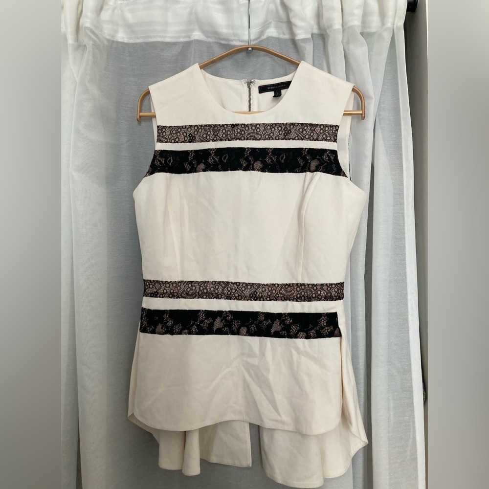 BCBGMaxAzria Cream Top with Black Lace Details